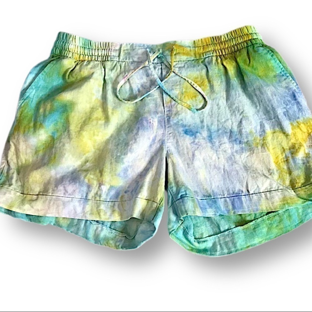 Hand tie dyed shorts rayon linen L ocean colors green blue yellow